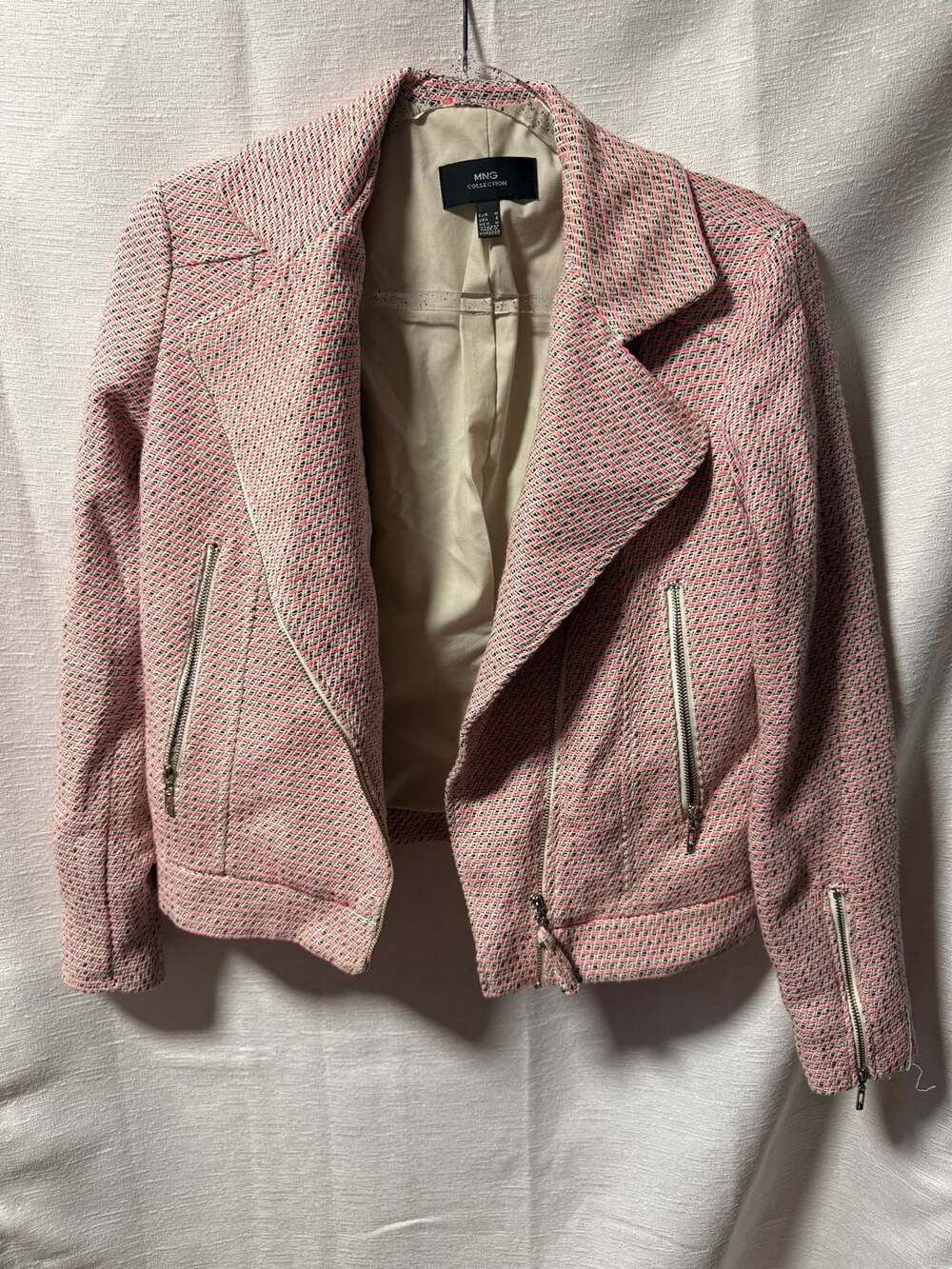 MNG Collection Women's Pink and Black Tweed Moto Biker Jacket